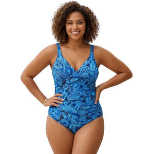 Aqua Eve 22W NWT Blue Paisley One Piece Swimsuit Tummy Control V Neck